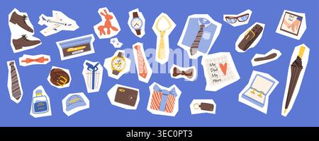 Sticker set of accessories for Father's Day. Cartoon flat style illustration includes ties, shoes, watches, and cards. Suitable for greeting cards, di Stock Vector