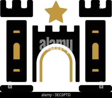 Simple illustration of a decorative black castle gate with side towers a central arch and a gold star above. Stock Vector