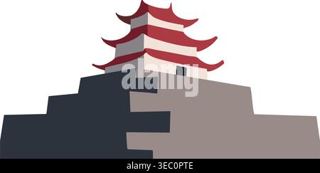 Simple illustration of a stepped mountain fortress topped with a small red roof pagoda structure. Stock Vector