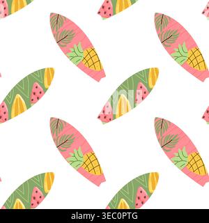 A seamless pattern of surf boards illustrated in a cartoon flat style. Each board features tropical fruits like pineapple and watermelon, ideal for su Stock Vector