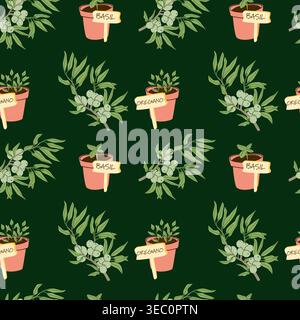 A seamless pattern of herb pots featuring basil and oregano labels. Ideal for textile design, kitchen decor, and gardening-themed products. Perfect fo Stock Vector