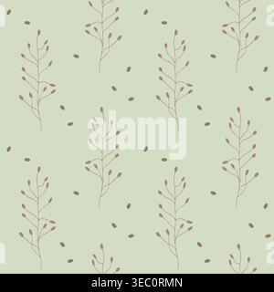 minimalist hand-drawn botanical seamless pattern with stylized seed pod branches in doodle style for eco-friendly packaging, organic textiles and natu Stock Vector