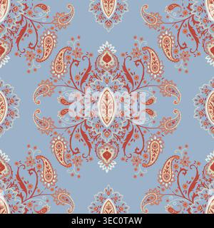 Light Blue Red Ornamental Paisley Damask Stock Vector