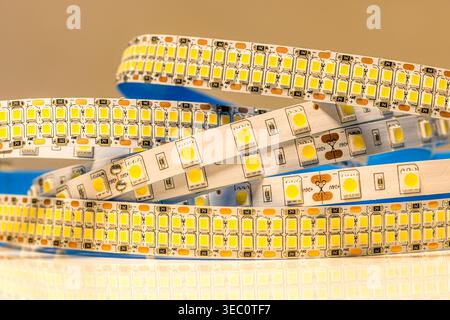 Led strip lights coiled electronics, and energy efficiency Stock Photo