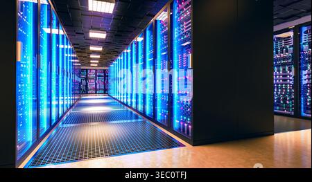 3d Server room interior network hardware Stock Photo