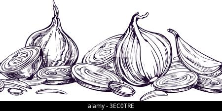 Hand drawn ink illustration of whole and sliced onion bulbs. Monochrome graphic botanical sketch for culinary design, harvest market, grocery store Stock Vector