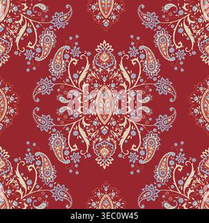 Rich Red Blue Baroque Paisley Damask Stock Vector
