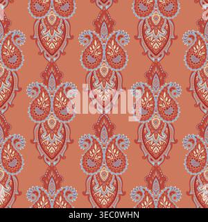 Terracotta Blue Vertical Paisley Floral Border Stock Vector