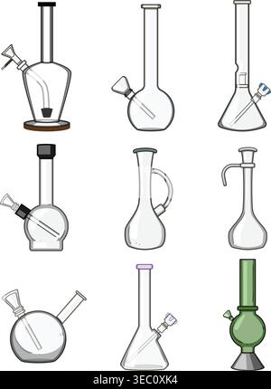 Various smoking water pipes, bongs, and glassware Stock Vector