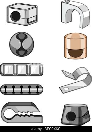 Electrical cable clips and fasteners accessories set Stock Vector