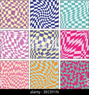 Distorted checkerboard patterns creating optical illusion mosaic Stock Vector