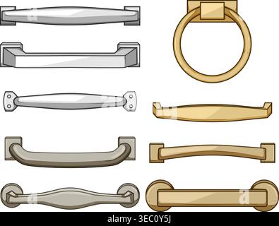 Cabinet and drawer handles showcasing different design styles Stock Vector
