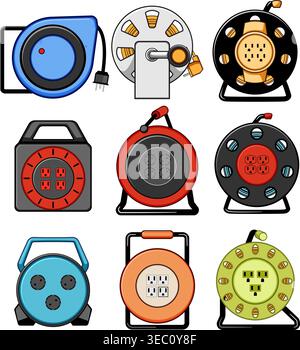 Different types of extension cord reels and power strips set Stock Vector