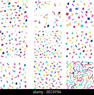 Colorful geometric confetti patterns decorating white background Stock Vector