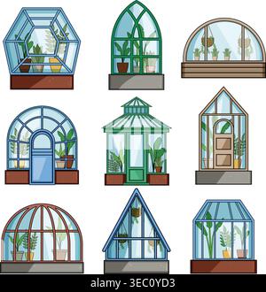 Collection of glass greenhouses for growing plants Stock Vector