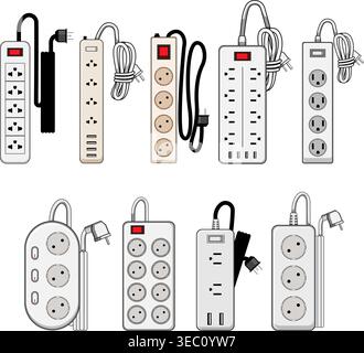 Different types of power strips with multiple outlets Stock Vector