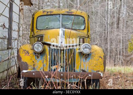 Close-up view of a vintage truck outdoors in a rural setting, showing fading paint, peeling sheet metal, rusted edges, and worn details that reveal ye Stock Photo