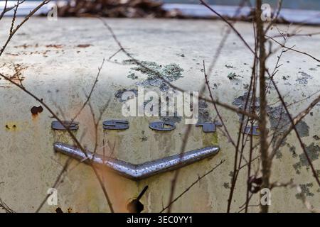 Close-up view of a vintage truck outdoors in a rural setting, showing fading paint, peeling sheet metal, rusted edges, and worn details that reveal ye Stock Photo