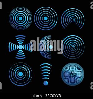 Blue radial signal waves pattern icons set Stock Vector