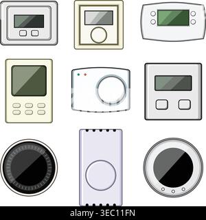 Wall thermostats collection regulating climate control systems Stock Vector