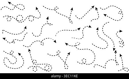 Set of Black Dashed Hand Drawn Curved Arrows and Dotted Pointer Elements for Annotation Stock Vector