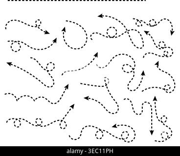 Set of Black Dashed Hand Drawn Curved Arrows and Dotted Pointer Elements for Annotation Stock Vector