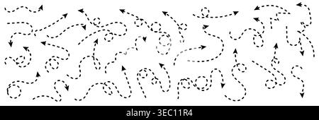 Set of Black Dashed Hand Drawn Curved Arrows and Dotted Pointer Elements for Annotation Stock Vector