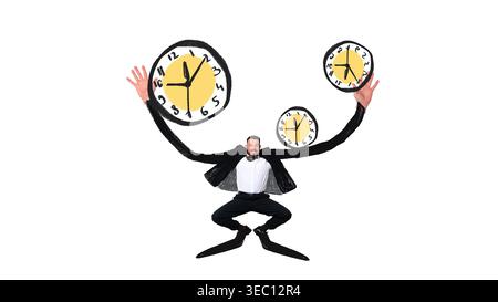 businessman juggling multiple handmade drawn clocks with long arms isolated on light background. Stock Photo