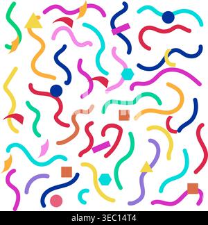 Colorful geometric ribbons and shapes scattering on white Stock Vector