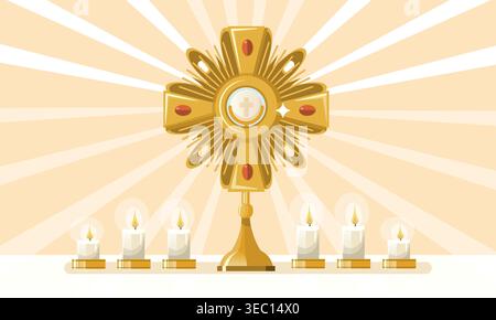 Monstrance on altar with candles for Corpus Christi. Eucharistic adoration illustration Stock Vector
