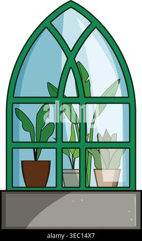 Arched window with potted plants growing inside Stock Vector
