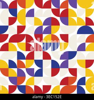 Abstract Geometric Seamless Pattern with Primary Color Semicircles and Quadrant Shapes in Bauhaus Style Stock Vector