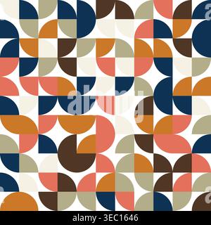 Abstract Seamless Geometric Pattern with Earth Tone Semicircles and Quadrants in Mid Century Modern Style Stock Vector