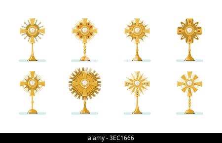 Corpus Christi monstrances set of catholic mass blessed sacrament. Eucharistic adoration illustration Stock Vector