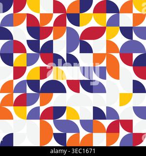 Seamless geometric pattern of colorful quarter circles and squares, abstract mid-century modern mosaic background in red yellow purple and orange Stock Vector