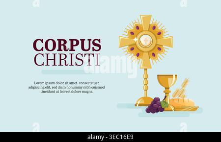 Holy communion bread and wine eucharist banner with Corpus Christi text. Blessed sacrament Stock Vector