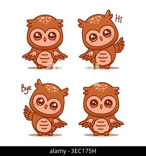 Cute owl character set with hello, goodbye, basic owl, isolated on white. Stock Vector