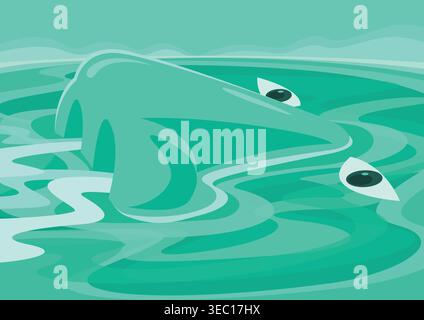 Surrealism illustration of a floating nose and eye-like simple shapes in a turquoise sea, conveying a sense of loneliness and isolation. Stock Vector
