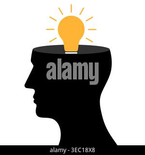 Human Head with Lightbulb. Brainstorm, Creativity and Thinking Idea Concept. Vector Illustration. Stock Vector