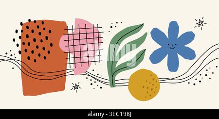 Naive abstract hand-drawn background with floral elements and organic shapes. Artistic modern, contemporary art vector illustration Stock Vector
