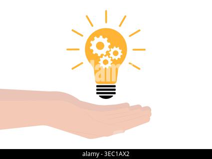 Hand Holding Lightbulb with Gear. Brainstorm, Creativity and Thinking Idea Concept. Vector Illustration. Stock Vector
