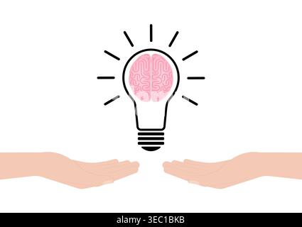 Hand Holding Lightbulb with Brain. Brainstorm, Creativity and Thinking Idea Concept. Vector Illustration. Stock Vector