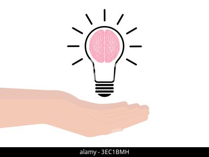 Hand Holding Lightbulb with Brain. Brainstorm, Creativity and Thinking Idea Concept. Vector Illustration. Stock Vector