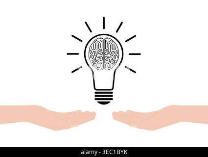 Hand Holding Lightbulb with Brain. Brainstorm, Creativity and Thinking Idea Concept. Vector Illustration. Stock Vector