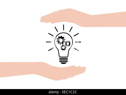Hand Holding Lightbulb with Gear. Brainstorm, Creativity and Thinking Idea Concept. Vector Illustration. Stock Vector