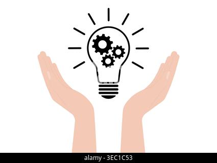 Hand Holding Lightbulb with Gear. Brainstorm, Creativity and Thinking Idea Concept. Vector Illustration. Stock Vector