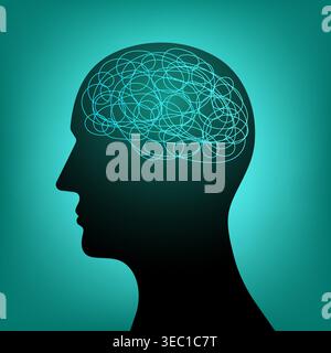 Human Head with Confused Thoughts. Concept of Mental Health, Depression, and Anxiety. Vector Illustration. Stock Vector