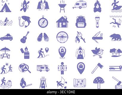 Purple Camping Icon Set. Vector Icons Camp, Forest, Barbecue, Kayak, Road Travel, Caravan, Bonfire, Binoculars, Axe, Bear, Map and Other Stock Vector