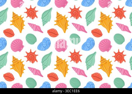Colorful, modern seamless pattern of various flat style cartoon seashells on white background. Cute marine illustration. For summer designs, textiles, wallpaper, kids products. Vector illustration Stock Vector