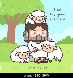 Cute chibi cartoon Jesus good shepherd with sheep and lambs in green meadow with tree and Bible verse Stock Vector